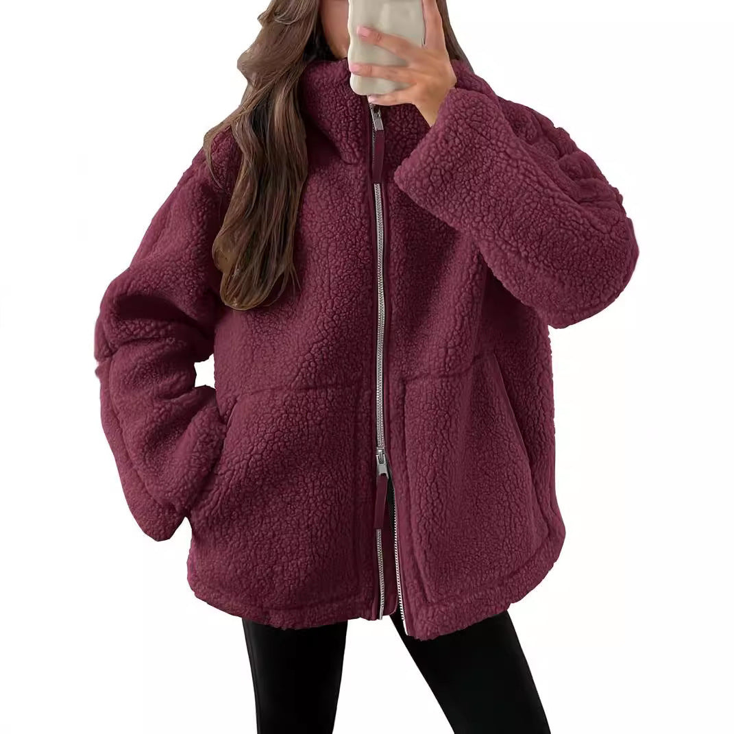 Winter Lapel Zip-up Solid Fleece Jacket Coat