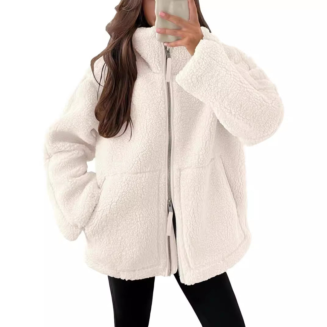 Winter Lapel Zip-up Solid Fleece Jacket Coat