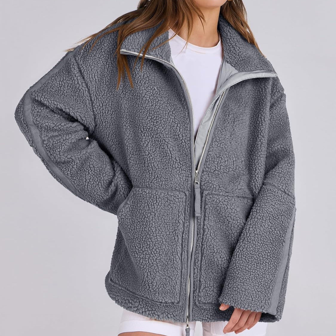 Winter Lapel Zip-up Solid Fleece Jacket Coat