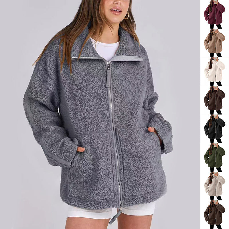 Winter Lapel Zip-up Solid Fleece Jacket Coat